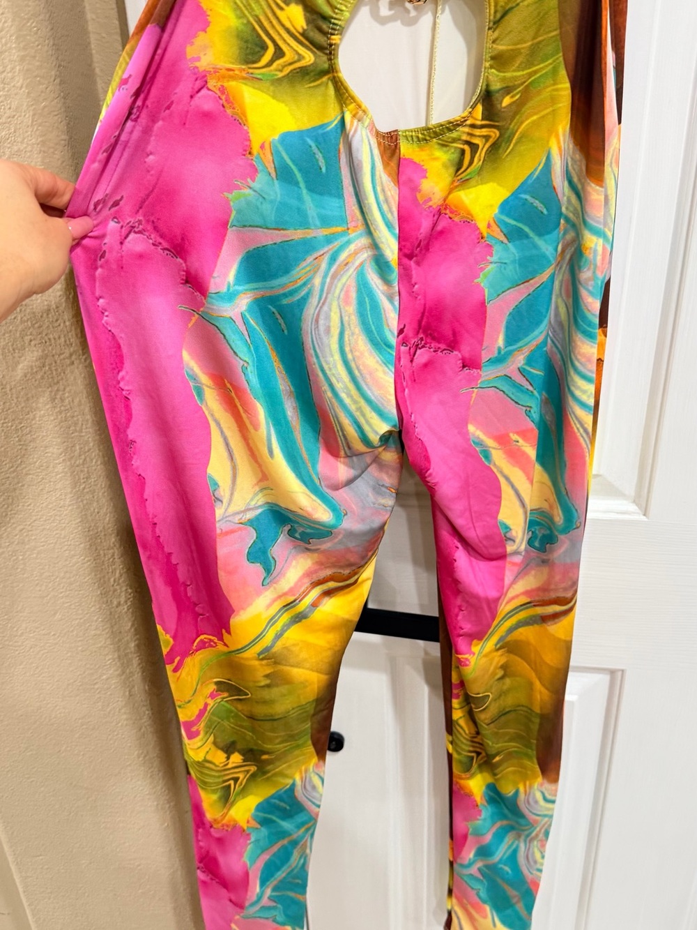 Colorful Abstract Print Halter Jumpsuit - Pink, Yellow & Brown - Picture 5 of 6